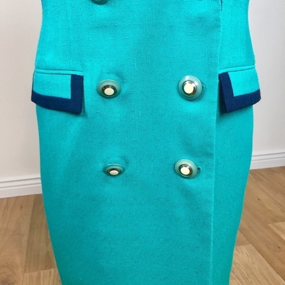 Vintage Turquoise Midi Dress with Navy Trim - Picture 6 of 12